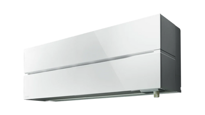 Mitsubishi Hero luftvärmepump inomhusdel i naturligt vit färg, tyst drift och stilren design.

