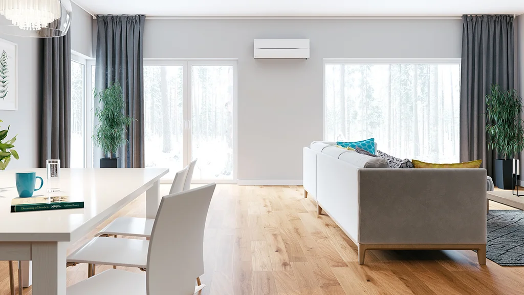 Mitsubishi Electric luftvärmepump för villa. Pärlvit modell Hero.